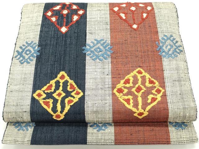 平和屋着物●八寸名古屋帯　紬地　総刺繍　菱間道　正絹　逸品　DAAW6947ob