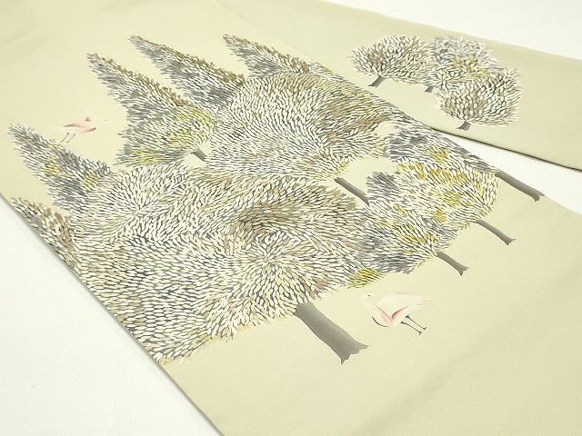 平和屋着物○塩瀬 九寸名古屋帯 手描き 樹林鳥文 木蘭色 正絹