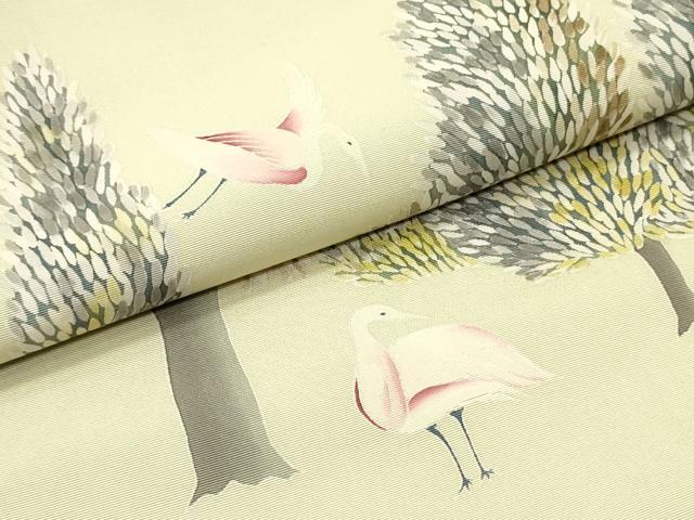 平和屋着物○塩瀬 九寸名古屋帯 手描き 樹林鳥文 木蘭色 正絹