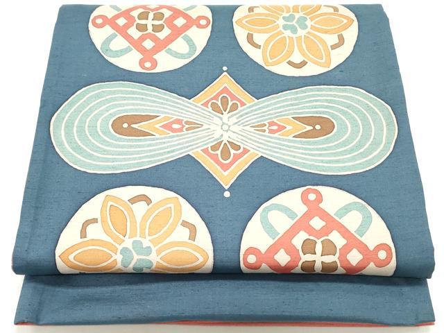 平和屋着物●六通柄袋帯　本場大島紬地　型染め　花丸菱文　なべ織物謹製　上代42万　証紙付き　正絹　逸品　未使用　DAAW6973ob