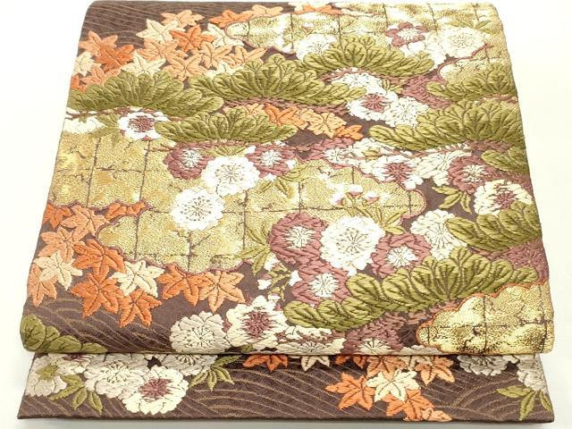 平和屋着物●六通柄袋帯　唐織　雲取り立波花松文　金糸　正絹　逸品　DAAW6983ob