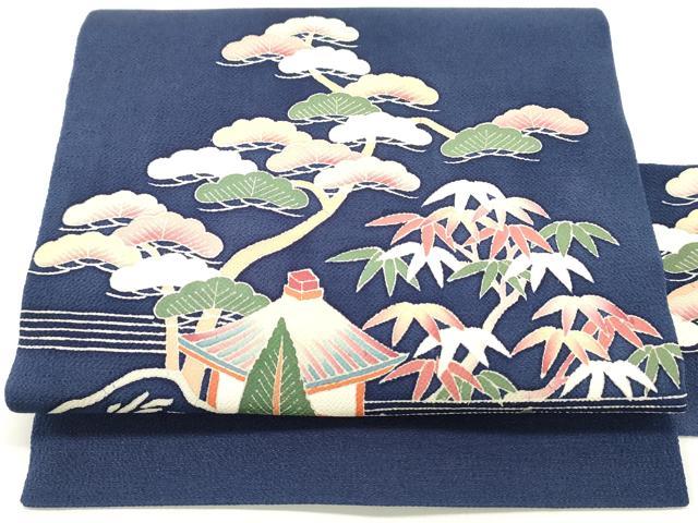 平和屋着物●本加賀友禅作家　和田与吉　九寸名古屋帯　風景松文　濃藍色　鬼しぼ縮緬　正絹　逸品　DAAW6987ob