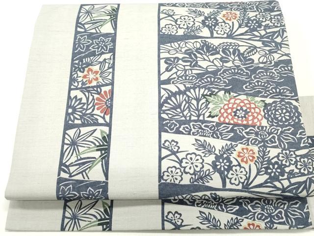 平和屋着物●全通柄九寸名古屋帯　紬地　型染め　草花間道　白鼠色　正絹　逸品　DAAW6989ob