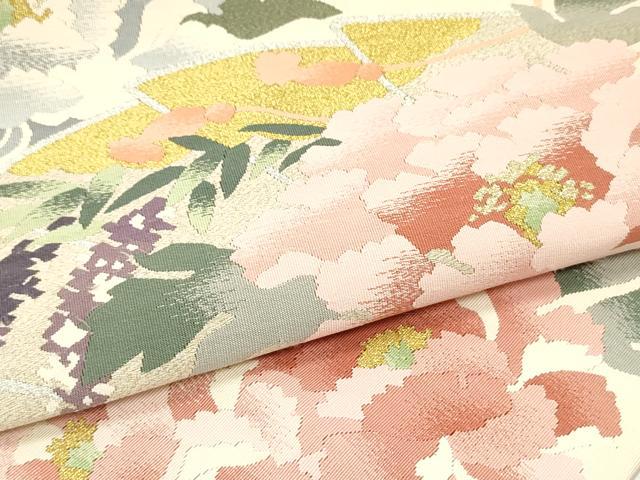 平和屋着物●爪掻き本綴れ　八寸名古屋帯　檜扇草花文　金銀糸　正絹　逸品　DAAW6994ob 平和屋着物○爪掻き本綴れ 八寸名古屋帯 檜扇草花文