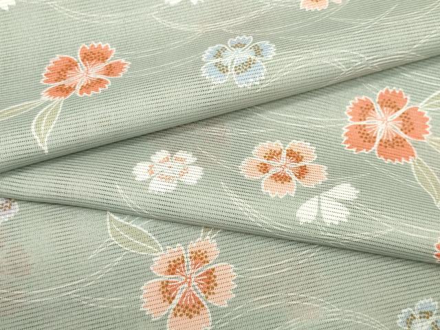 小紋　夏用　紗　菊花　渦巻き　花火　グレー　グリーン　着物　041a d 平和屋着物＊夏物 小紋 反物 着尺 絽 芝花文 撫子 洗える着物 未使用
