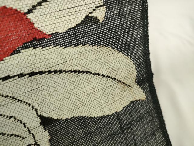 平和屋着物＊夏物　西陣　名古屋帯　帯反物　枝花文　黒地　証紙付き　麻絹　逸品　未使用　DAAW7634zzz 平和屋着物＊夏物 西陣 名古屋帯 帯反物 枝花文 黒地 証紙付き