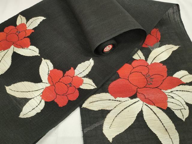 平和屋着物＊夏物　西陣　名古屋帯　帯反物　枝花文　黒地　証紙付き　麻絹　逸品　未使用　DAAW7634zzz