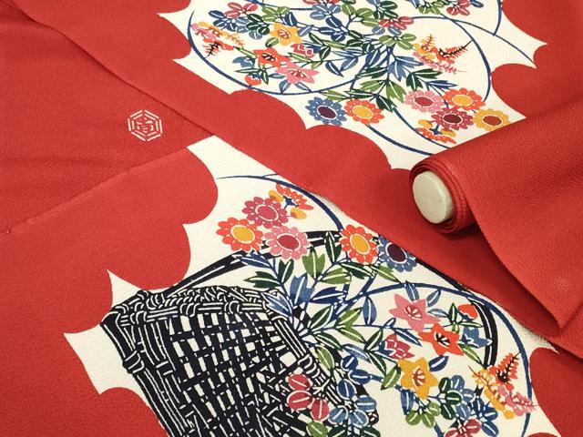 平和屋着物●和染紅型　栗山紅型　栗山吉三郎　名古屋帯　帯反物　型染　花籠文　逸品　未使用　DAAW8078zzz