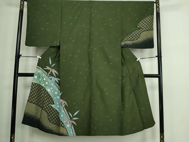 平和屋着物▽男性　訪問着　単衣　笹の葉文　金彩　洗える着物　DAAW9202sf