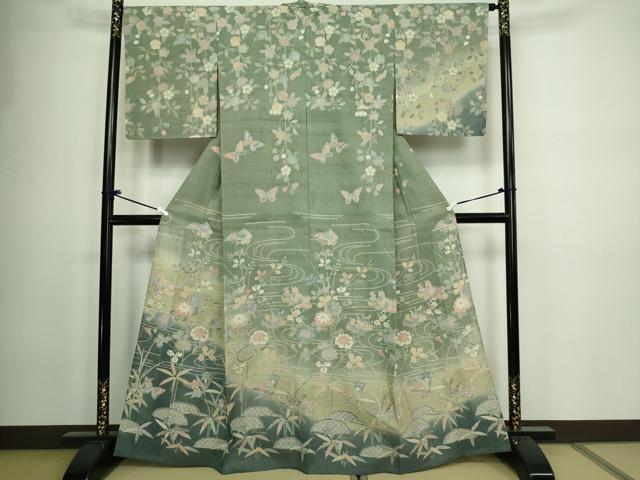 平和屋着物▽訪問着　単衣　生紬　花鳥文　暈し染め　正絹　逸品　DAAW9232sf