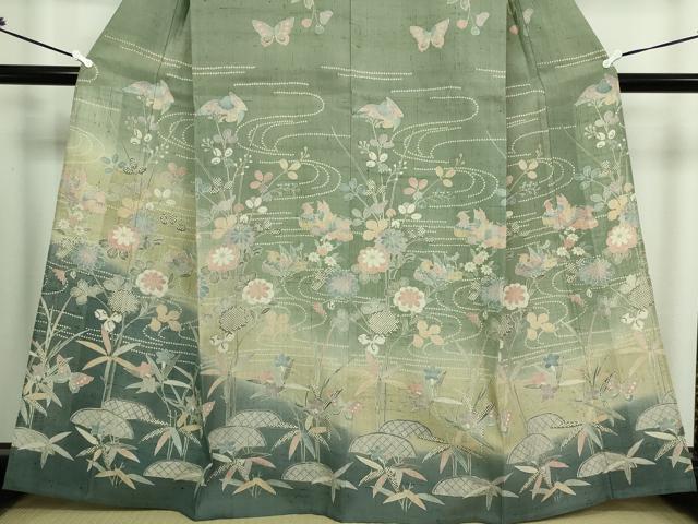 平和屋着物▽訪問着 単衣 生紬 花鳥文 暈し染め 正絹