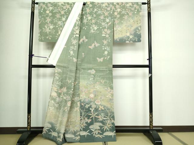 平和屋着物▽訪問着 単衣 生紬 花鳥文 暈し染め 正絹