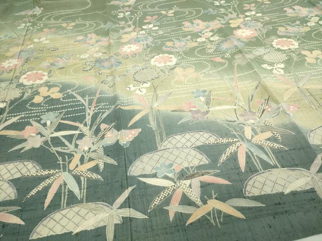 平和屋着物▽訪問着 単衣 生紬 花鳥文 暈し染め 正絹