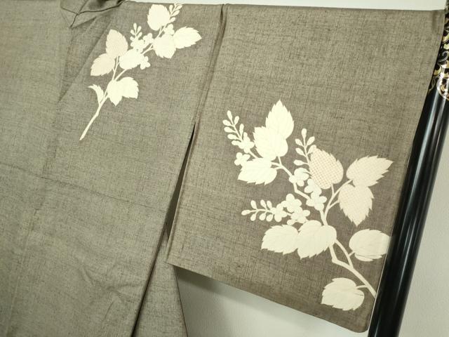 平和屋着物▽訪問着　単衣　紬地　枝葉文　正絹　逸品　DAAW9249sf_2