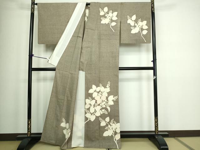 平和屋着物▽訪問着　単衣　紬地　枝葉文　正絹　逸品　DAAW9249sf_1