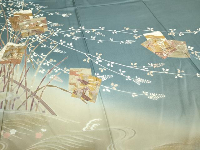 平和屋着物▽男性 訪問着 単衣 刺繍 色紙草花文 暈し染め