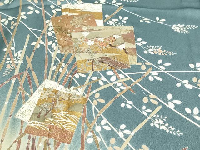 平和屋着物▽男性 訪問着 単衣 刺繍 色紙草花文 暈し染め