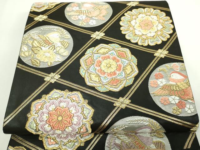平和屋着物●六通柄袋帯　唐織　花鳥文　黒地　金糸　正絹　逸品　DAAW9456sf
