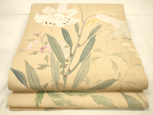 平和屋着物＊夏物　アンティーク　大正ロマン　丸帯　引き抜き帯　草花文　正絹　逸品　DAAX0019cm