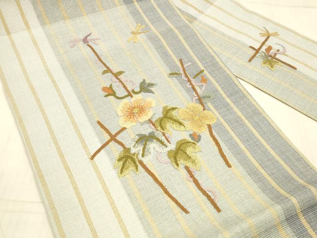 平和屋着物＊夏物　中国三大刺繍　相良刺繍　総刺繍　九寸名古屋帯　蜻蛉草花文　金糸　正絹　逸品　DAAX0026cm_1