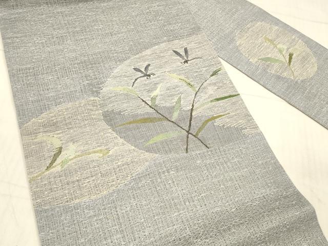 平和屋着物＊夏物　九寸名古屋帯　作家物　草花文　正絹　逸品　DABB3448cm 平和屋着物＊夏物 九寸名古屋帯 蜻蛉草葉文 正絹 逸品 DAAX0027cmの