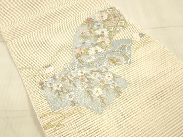 平和屋着物＊夏物　絽綴れ　八寸名古屋帯　刺繍　地紙草花文　金糸　正絹　逸品　DAAW4194cm 夏物 八寸名古屋帯 絽 絽刺し 絽綴れ 正絹 お太鼓柄 刺繍 金糸 送料