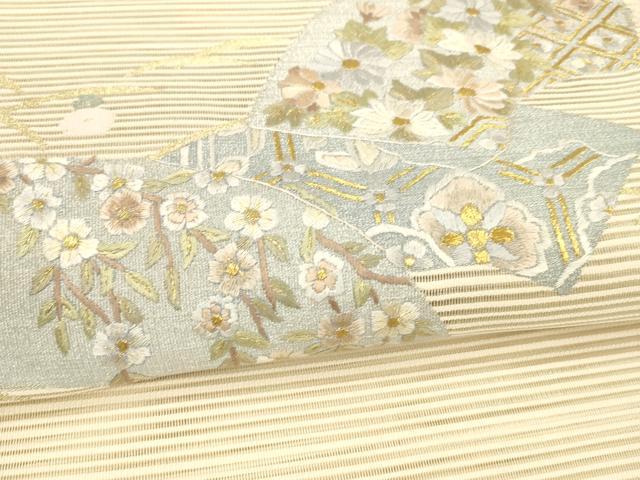 平和屋着物＊夏物　絽綴れ　八寸名古屋帯　刺繍　地紙草花文　金糸　正絹　逸品　DAAW4194cm 平和屋着物＊夏物 絽綴れ 八寸名古屋帯 刺繍 地紙草花文 金糸 正絹
