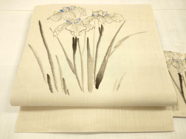 平和屋着物＊夏物　九寸名古屋帯　手描き　杜若　正絹　逸品　DAAX0033cm