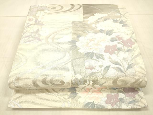 平和屋着物＊夏物　六通柄袋帯　流水草花文　銀糸　正絹　逸品　DAAX0035cm