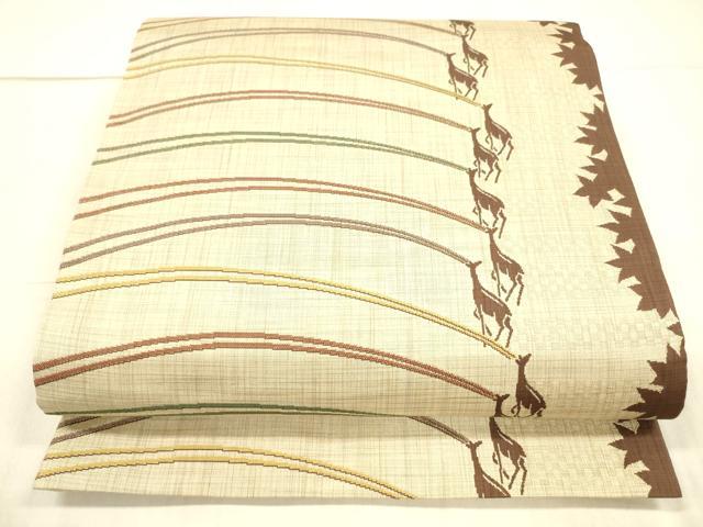 平和屋着物●六通柄袋帯　陶漆　鹿　草葉文　正絹　逸品　DAAX0060cm