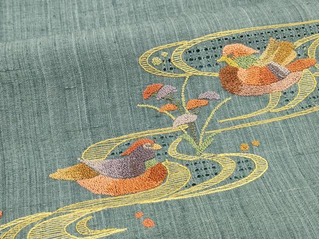 平和屋着物●中国三大刺繍　相良刺繍　九寸開き名古屋帯　紬地　流水鴛鴦文　正絹　逸品　DAAX0070cm 平和屋着物○中国三大刺繍 相良刺繍 九寸開き名古屋帯 紬