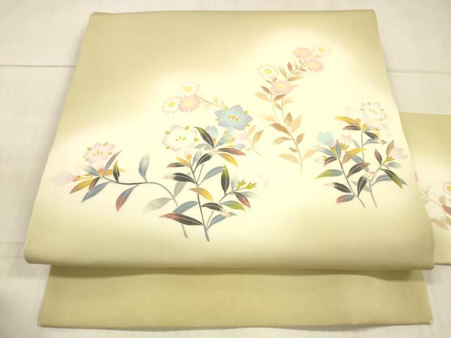 平和屋着物●塩瀬　九寸名古屋帯　友禅　作家物　草花文　正絹　逸品　DAAX0072cm