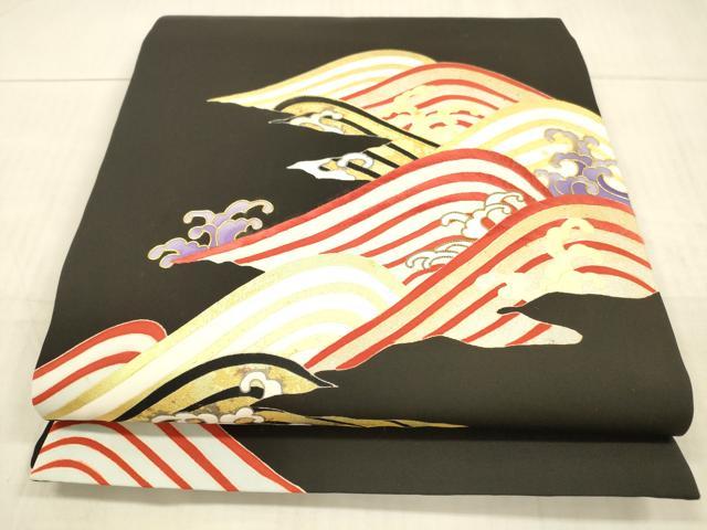 平和屋着物●塩瀬　九寸開き名古屋帯　駒刺繍　立波文　黒地　金糸　逸品　DAAX0076cm