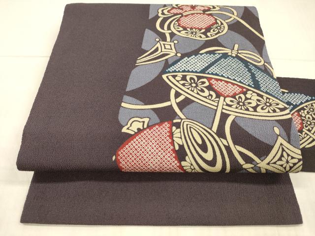 平和屋着物●九寸名古屋帯　鹿の子地紙花文　巾着　小槌　鬼しぼ縮緬　正絹　逸品　DAAX0083cm