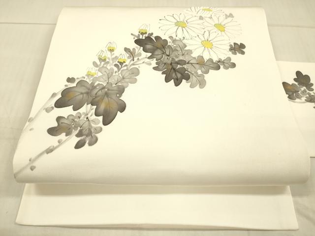 平和屋着物●塩瀬　九寸名古屋帯　手描き　草花文　正絹　逸品　DAAX0088cm