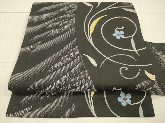 平和屋着物●九寸名古屋帯　花唐草文　黒地　正絹　逸品　DAAX0113cm