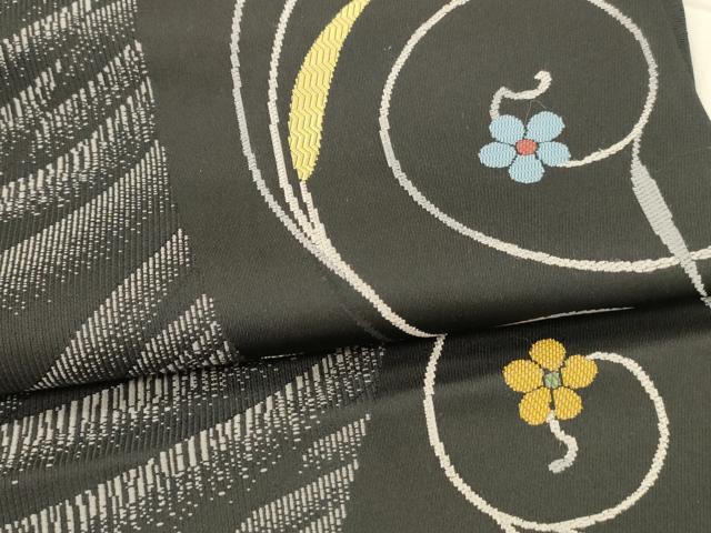 平和屋着物○九寸名古屋帯 花唐草文 黒地 正絹 逸品 DAAX0113cm