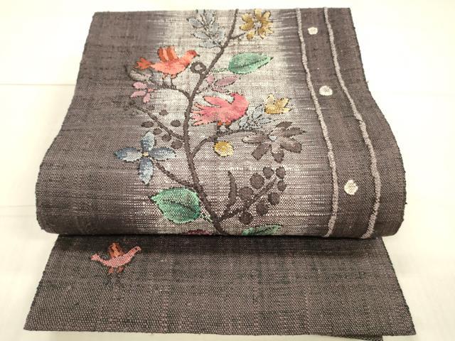 平和屋着物●八寸名古屋帯　紬地　花鳥文　正絹　逸品　DAAX0123cm