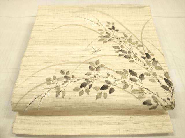 平和屋着物＊夏物　九寸開き名古屋帯　手描き　蜻蛉草葉文　麻　逸品　DAAX0188cm
