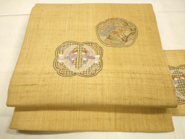 平和屋着物＊夏物 中国三大刺繍 スワトウ刺繍 汕頭刺繍 相良刺繍 総刺繍 九寸名古屋帯 紬地 向かい鳥蔦の葉花文 金糸 正絹 逸品 DAAX0206cm