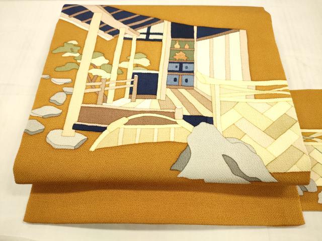 平和屋着物●九寸名古屋帯　風景文　鬼しぼ縮緬　正絹　逸品　DAAX0217cm