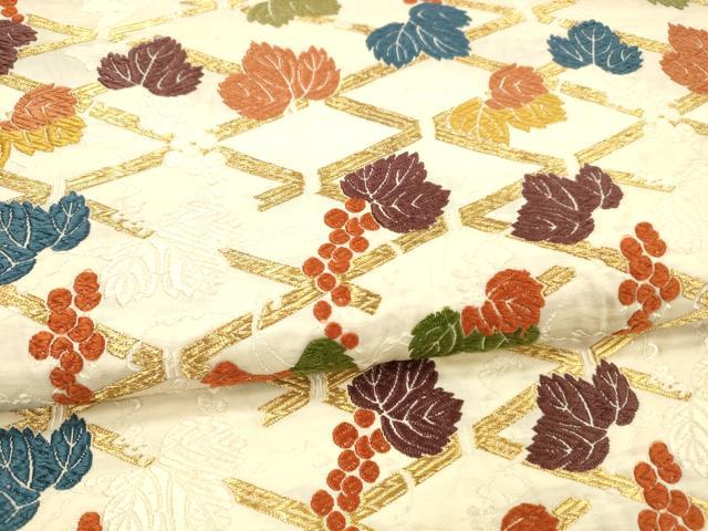 平和屋着物●六通柄袋帯　唐織　籬葡萄蔦の葉花文　金糸　正絹　逸品　DAAX0226cm 平和屋着物○六通柄袋帯 唐織 籬葡萄蔦の葉花文