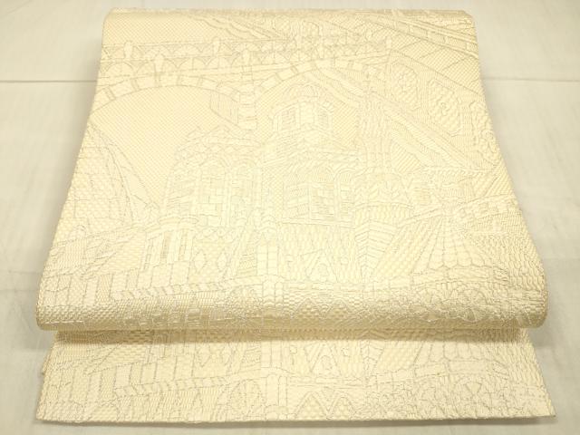 平和屋着物●八寸名古屋帯　風景文　銀糸　正絹　逸品　DAAX0235cm