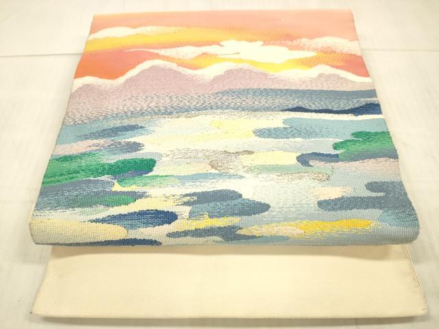 平和屋着物●綴れ　八寸名古屋帯　風景文　銀糸　正絹　逸品　DAAX0237cm