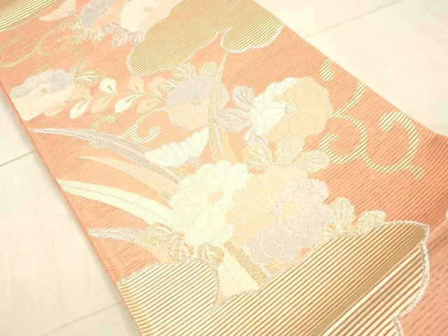 平和屋着物＊夏物　六通柄袋帯　唐織　花唐草文　金銀糸　正絹　逸品　DAAX0249cm 平和屋着物＊夏物 六通柄 本袋帯 唐織 草葉文 銀糸 正絹 逸品
