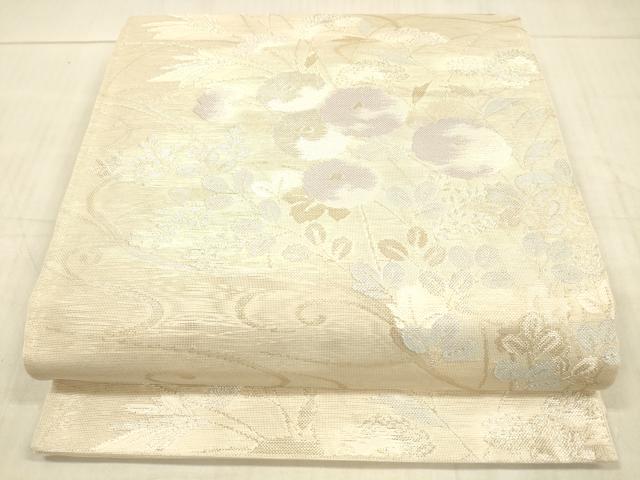 平和屋着物＊夏物　六通柄袋帯　流水草花文　銀糸　正絹　逸品　DAAX0253cm