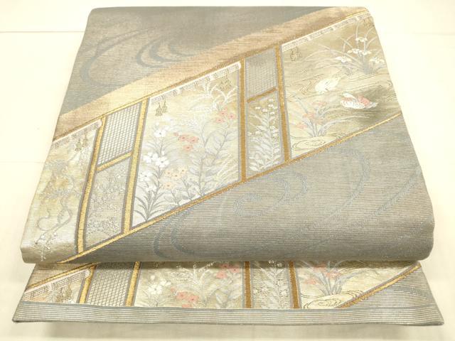 平和屋着物＊夏物　六通柄袋帯　流水鴛鴦草花文　金銀糸　正絹　逸品　DAAX0265cm