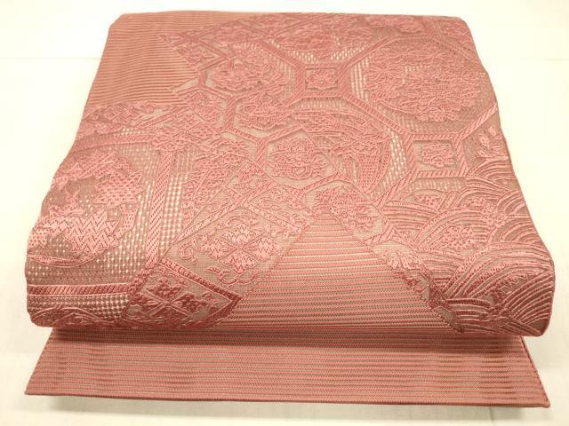 平和屋着物＊夏物　中国三大刺繍　スワトウ刺繍　汕頭刺繍　総刺繍　太鼓柄袋帯　草花文　臙脂色　正絹　逸品　DAAX0282cm