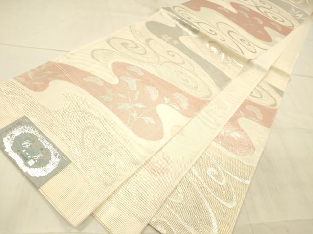 平和屋着物＊夏物　西陣　六通柄袋帯　彩夏　流水草花文　銀糸　証紙付き　正絹　逸品　DAAX0322cm 平和屋着物＊夏物 西陣 六通柄袋帯 彩夏 流水草花文 銀糸 証紙付き