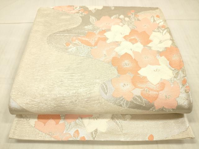 平和屋着物＊夏物　六通柄袋帯　流水草花文　銀糸　正絹　逸品　DAAX0326cm